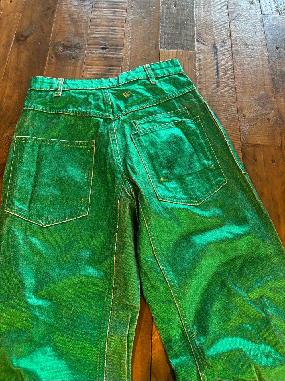 Free People Moxie Metallic Green High-Waist Wide Leg Pants